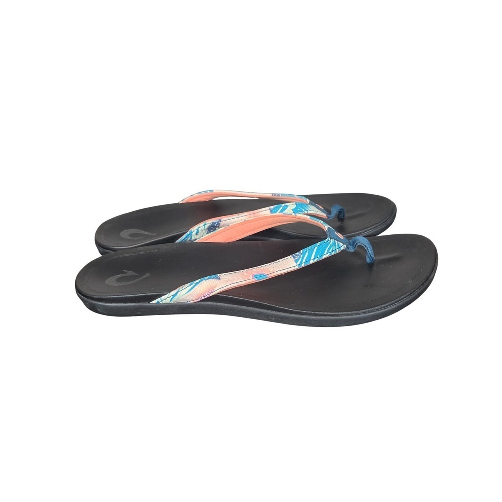 OluKai Ho'opio Flip Flops Womens 9 Blue Coral Tropical Comfort Beach Sandals